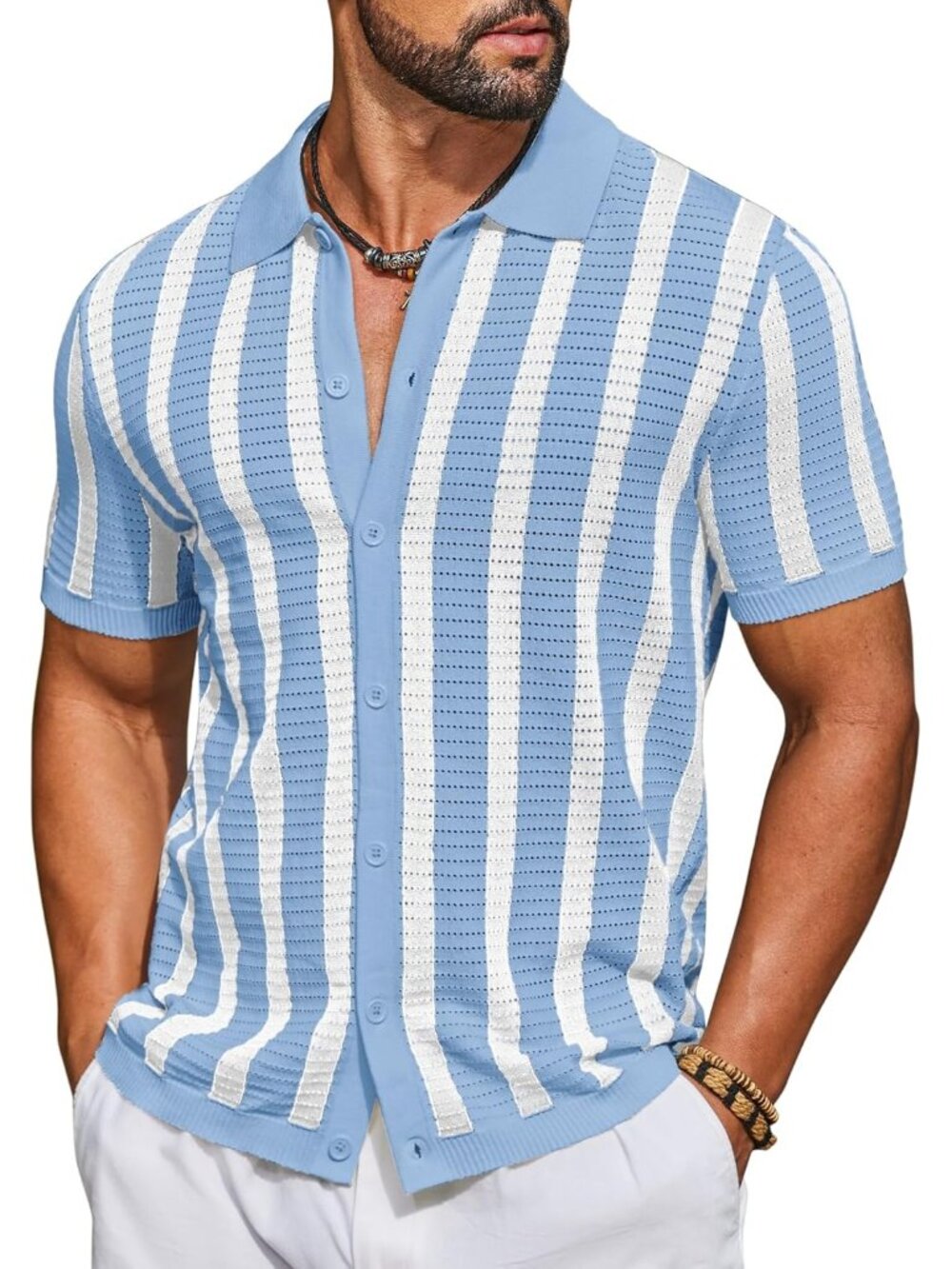 Men's Light Blue & White Knit Striped Polo Short Sleeve Summer Beach Casual Shir